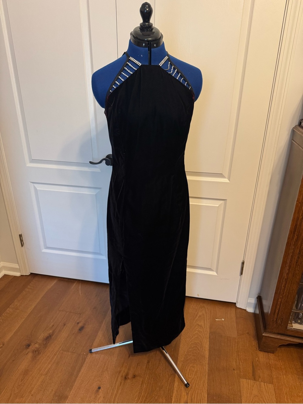 Jessica McClintock Black Velvet Halter Maxi Dress with Beaded Accents